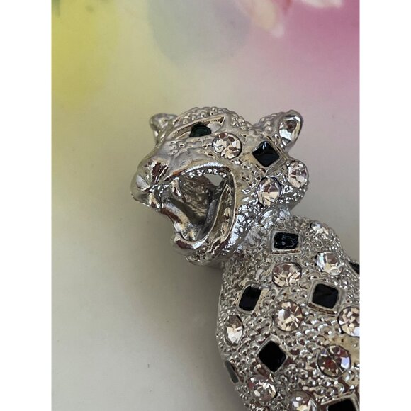 Vintage 1980s Large Statement Brooch Rhinestone leopard Big Cat Open Mouth - Picture 3 of 9